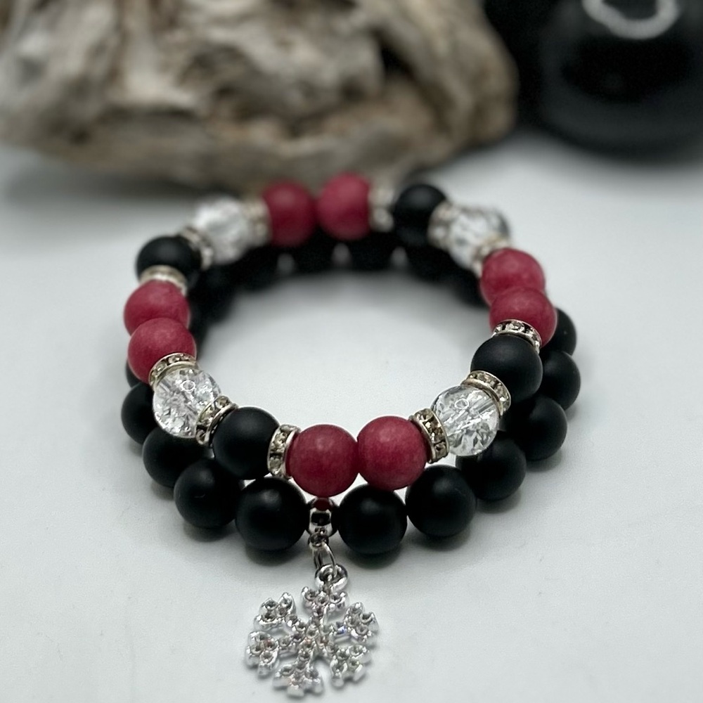 Elegant Black and Red Beaded Bracelet in Jade, Onyx, & Crystal Quartz